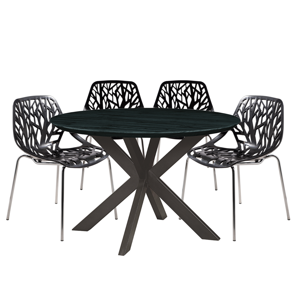 5-Piece Metal Dining Set with 4 Stackable Plastic Chairs and Round Wood Table. Picture 1