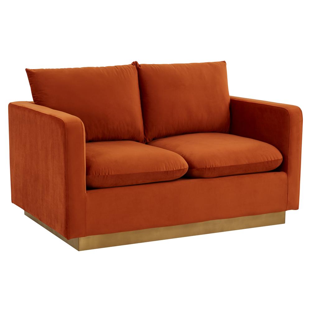 LeisureMod Nervo Modern Mid-Century Upholstered Velvet Loveseat with Gold Frame, Orange Marmalade. Picture 1