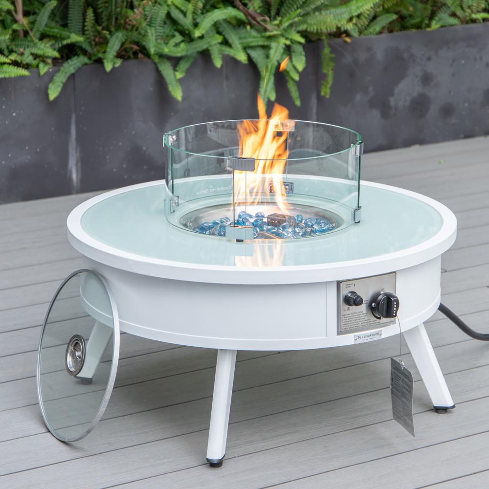LeisureMod Walbrooke Modern White Patio Conversation With Round Fire Pit & Tank Holder, Grey. Picture 4