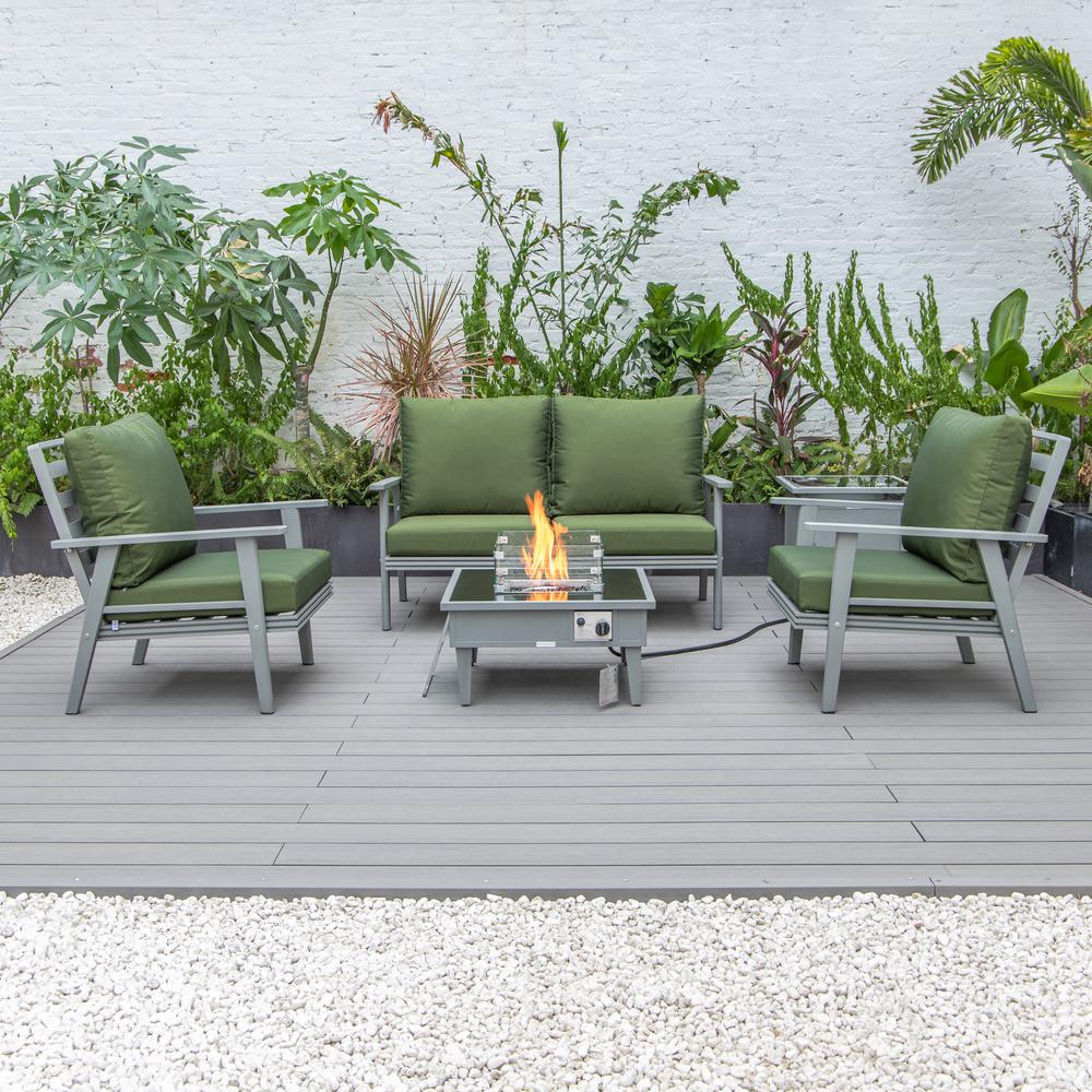 LeisureMod Walbrooke Modern Grey Patio Conversation With Square Fire Pit & Tank Holder, Green. Picture 3