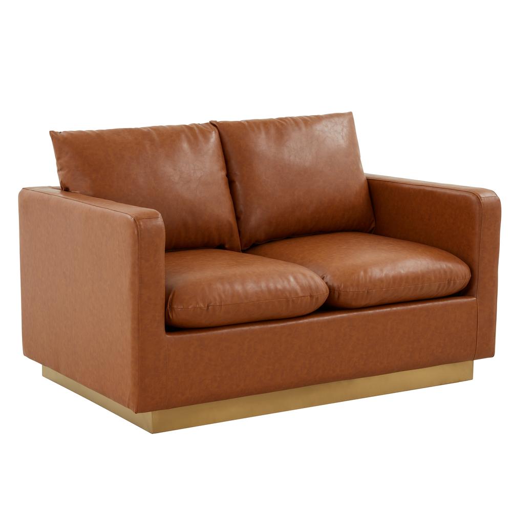 LeisureMod Nervo Modern Mid-Century Upholstered Leather Loveseat with Gold Frame, Cognac Tan. Picture 1