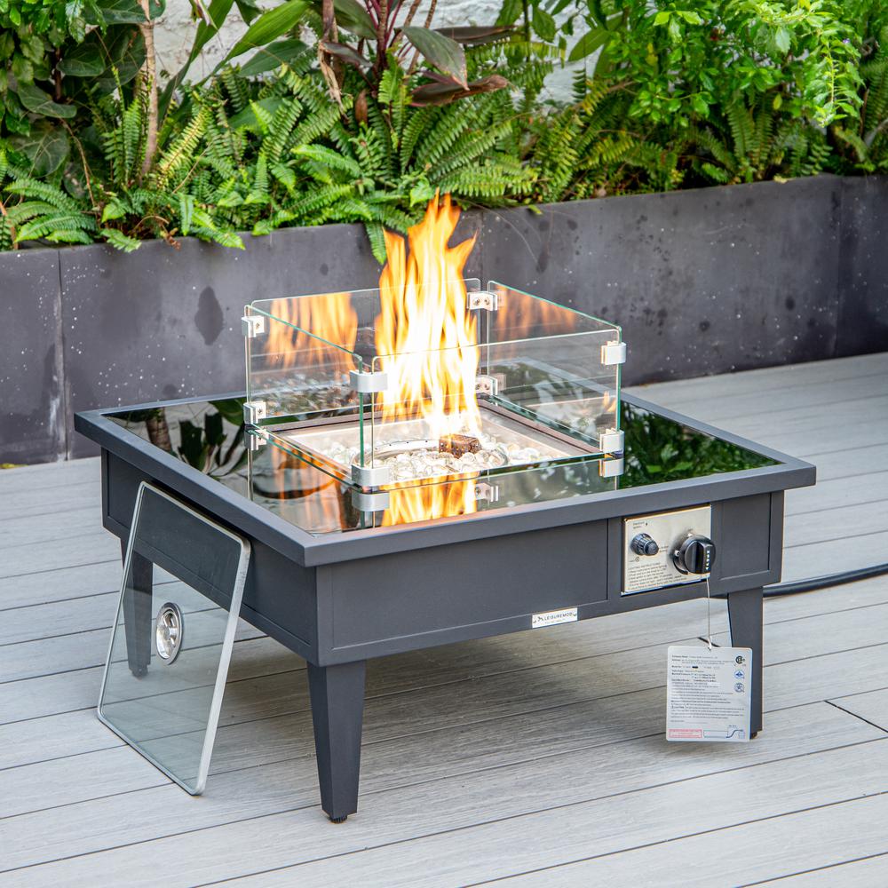 LeisureMod Walbrooke Modern Black Patio Conversation With Square Fire Pit & Tank Holder, Light Grey. Picture 8