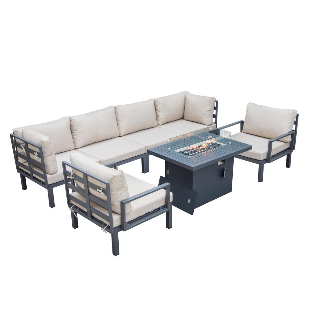 LeisureMod Hamilton 7-Piece Aluminum Patio Conversation Set With Fire Pit Table And Cushions Beige. Picture 1