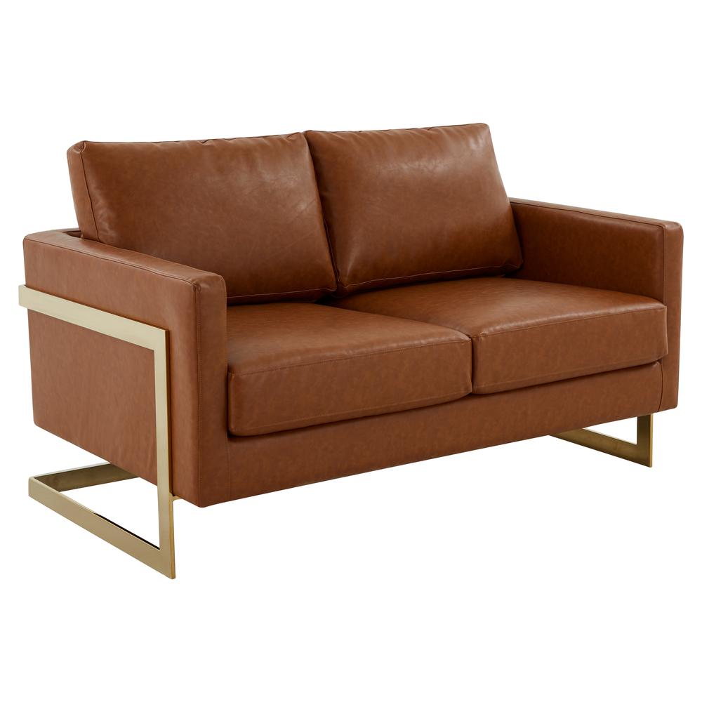 LeisureMod Lincoln Modern Mid-Century Upholstered Leather Loveseat with Gold Frame, Cognac Tan. Picture 1
