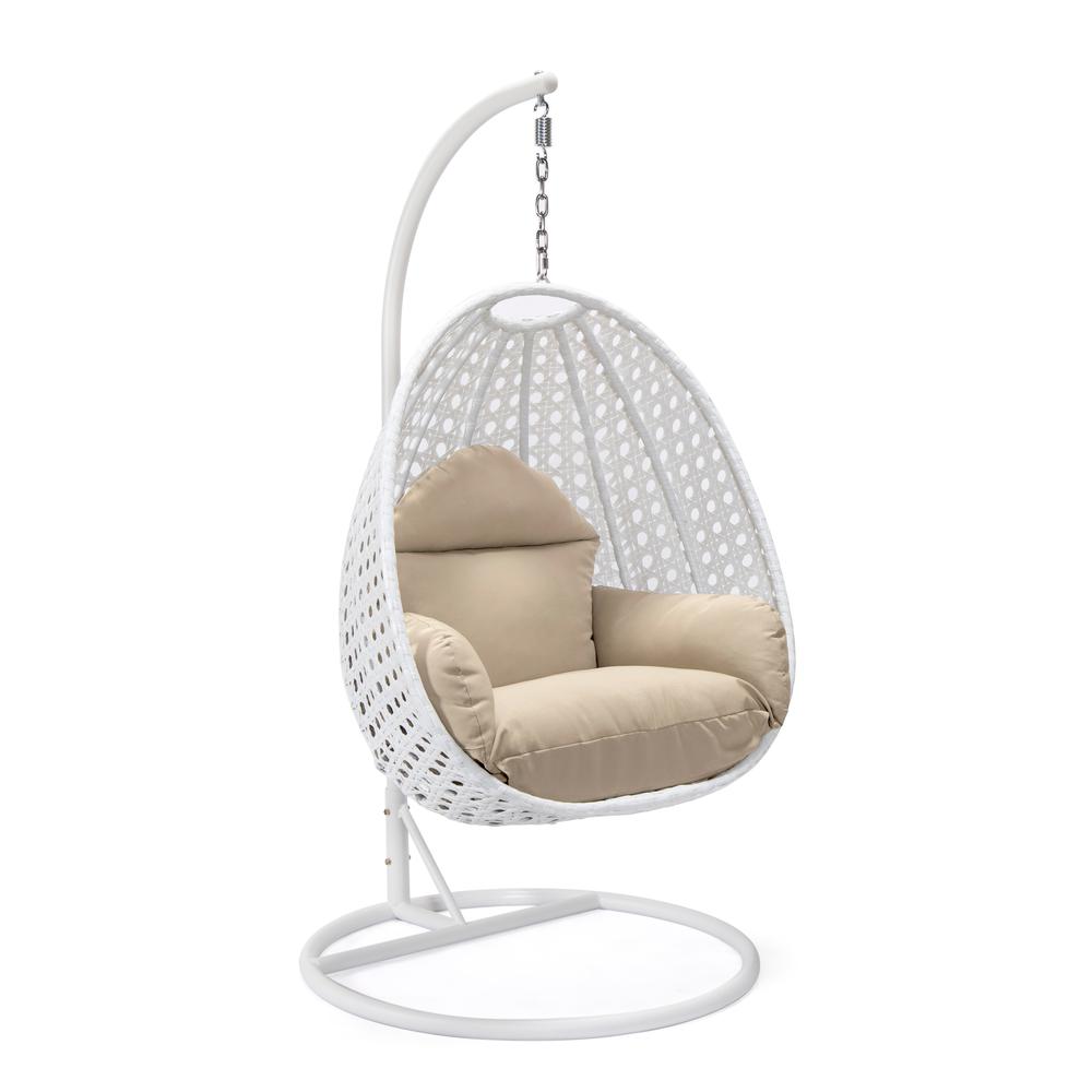 LeisureMod Wicker Hanging Egg Swing Chair, Beige. Picture 1
