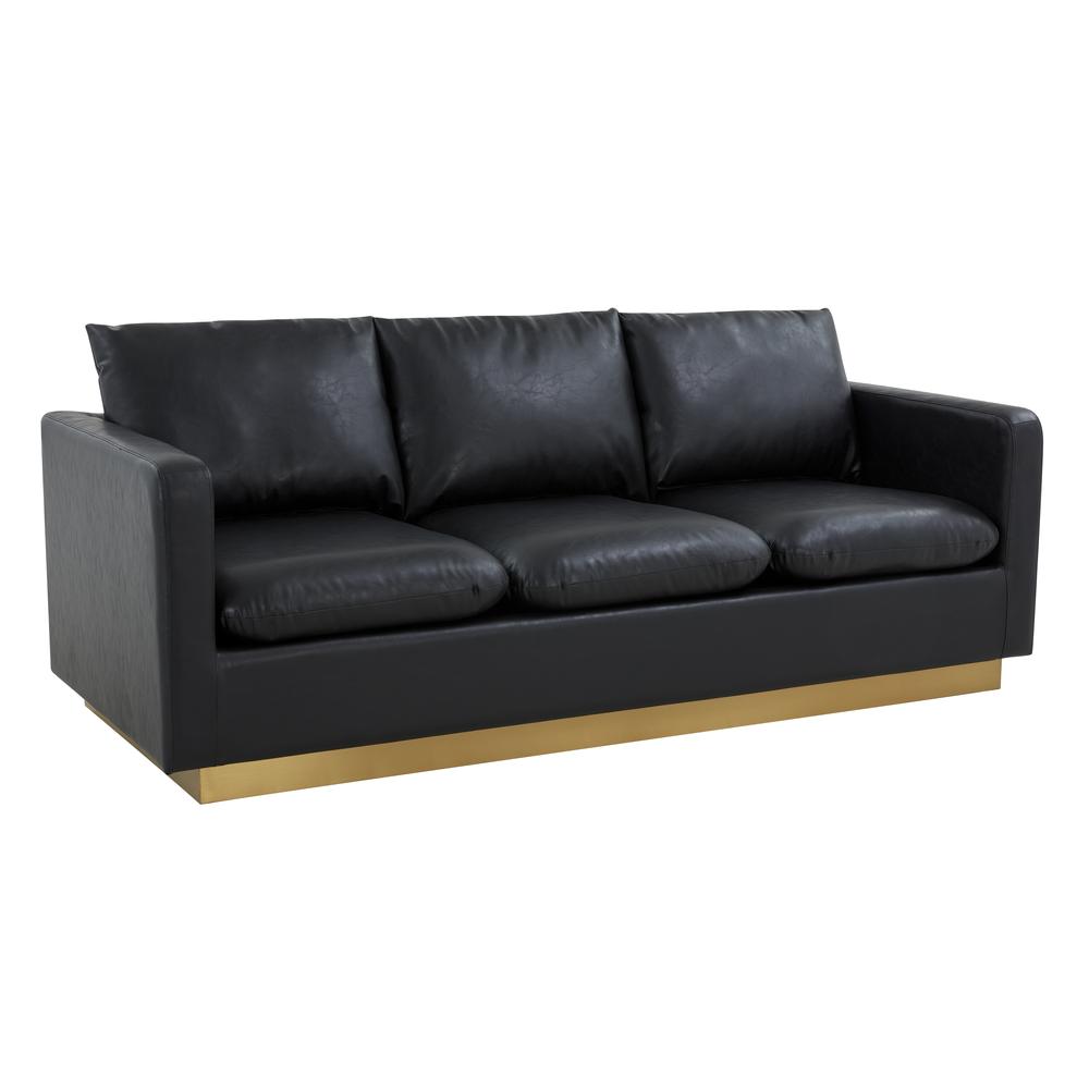 LeisureMod Nervo Modern Mid-Century Upholstered Leather Sofa with Gold Frame, Black. Picture 1