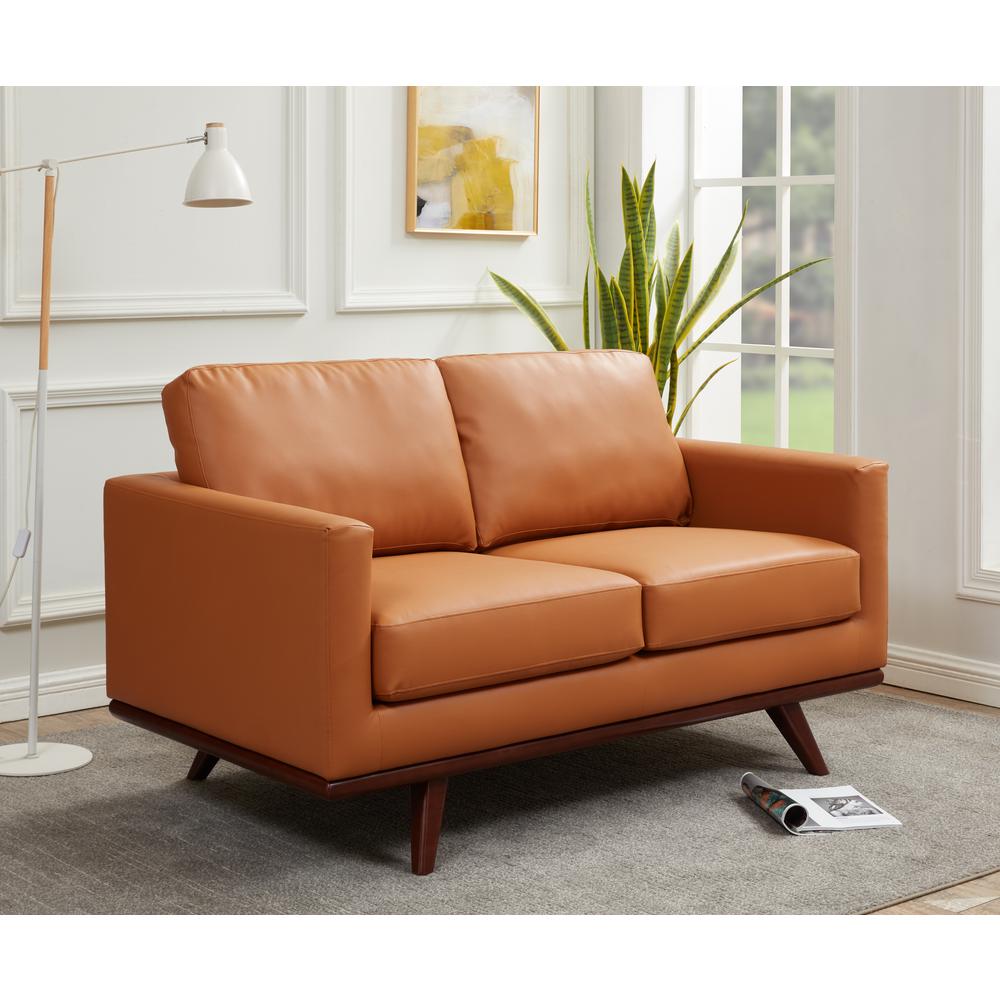LeisureMod Chester Modern Leather Loveseat With Birch Wood Base, Cognac Tan. Picture 6