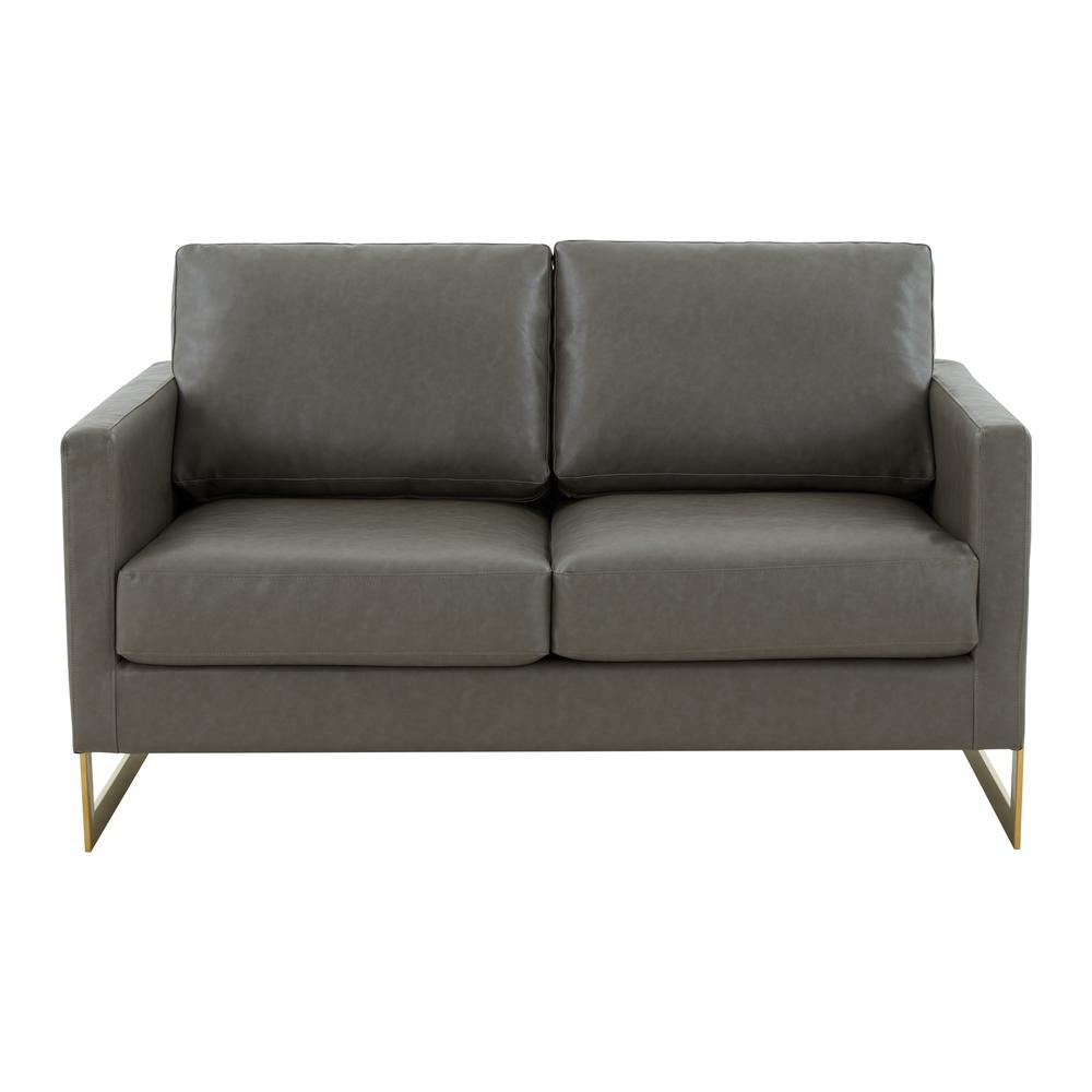 LeisureMod Lincoln Modern Mid-Century Upholstered Leather Loveseat with Gold Frame, Grey. Picture 3