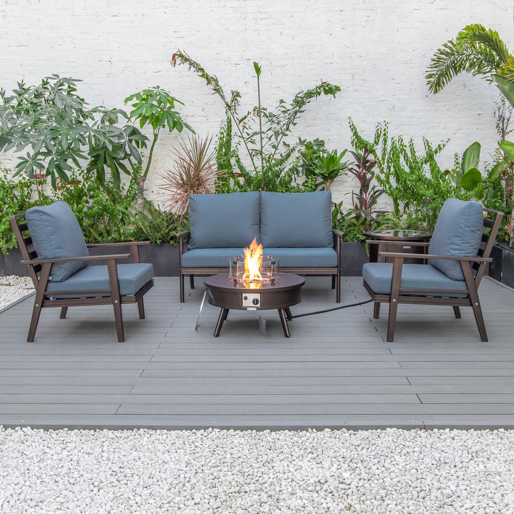 LeisureMod Walbrooke Modern Brown Patio Conversation With Round Fire Pit & Tank Holder, Navy Blue. Picture 7