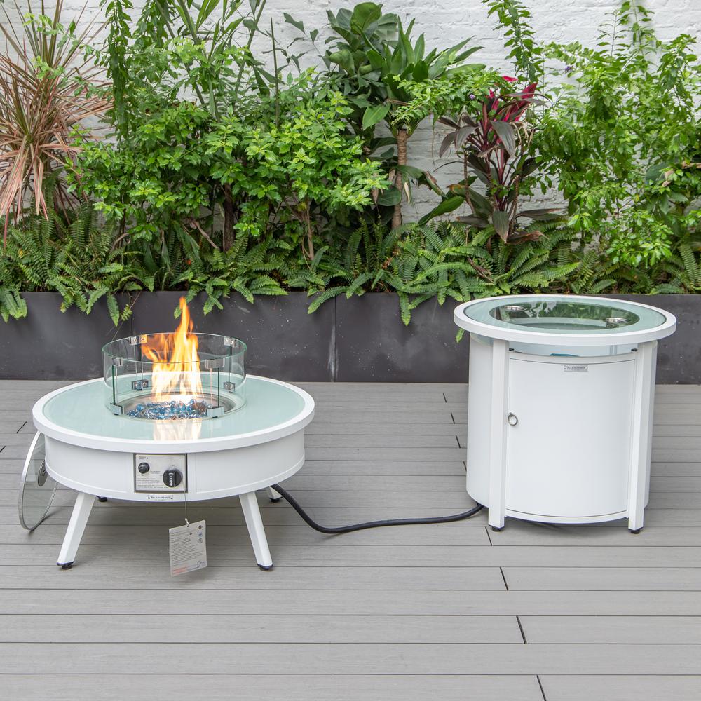 LeisureMod Walbrooke Modern White Patio Conversation With Round Fire Pit & Tank Holder, Green. Picture 5