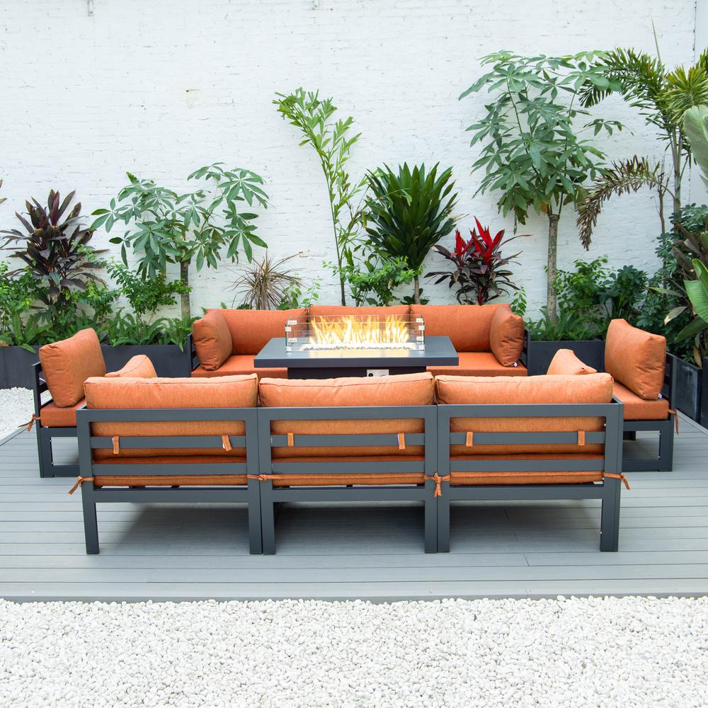 LeisureMod Chelsea 9-Piece Patio Sectional with Fire Pit Table Black Aluminum With Cushions, Orange. Picture 3
