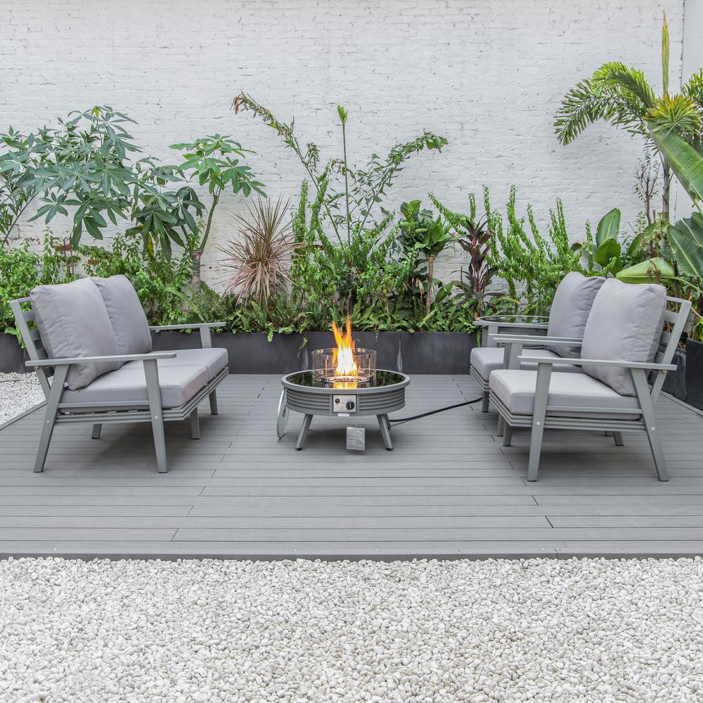 LeisureMod Walbrooke Modern Grey Patio Conversation With Round Fire Pit With Slats Design & Tank Holder, Grey. Picture 6