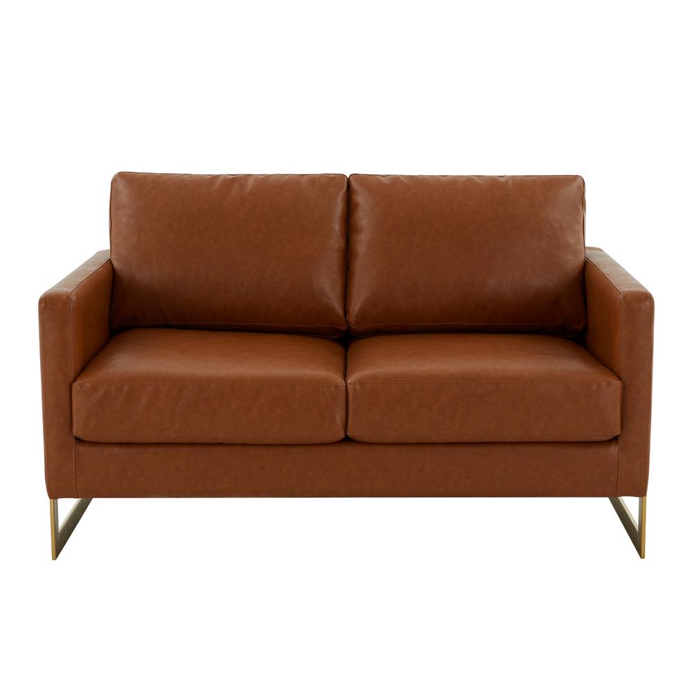LeisureMod Lincoln Modern Mid-Century Upholstered Leather Loveseat with Gold Frame, Cognac Tan. Picture 3
