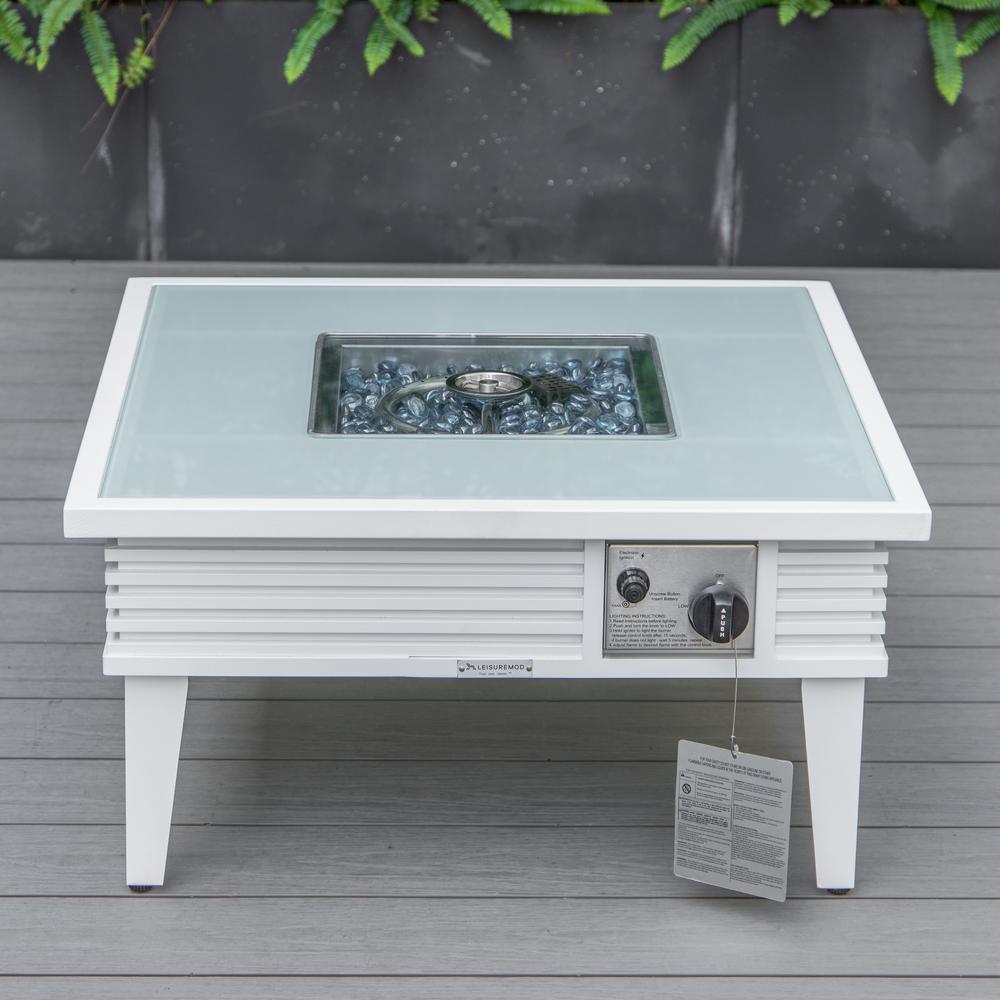 LeisureMod Walbrooke Modern White Patio Conversation With Square Fire Pit With Slats Design & Tank Holder, Grey. Picture 4