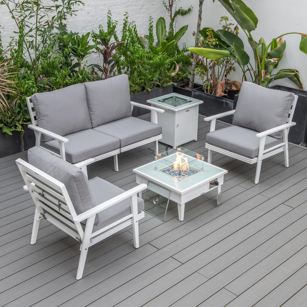 LeisureMod Walbrooke Modern White Patio Conversation With Square Fire Pit & Tank Holder, Grey. Picture 1