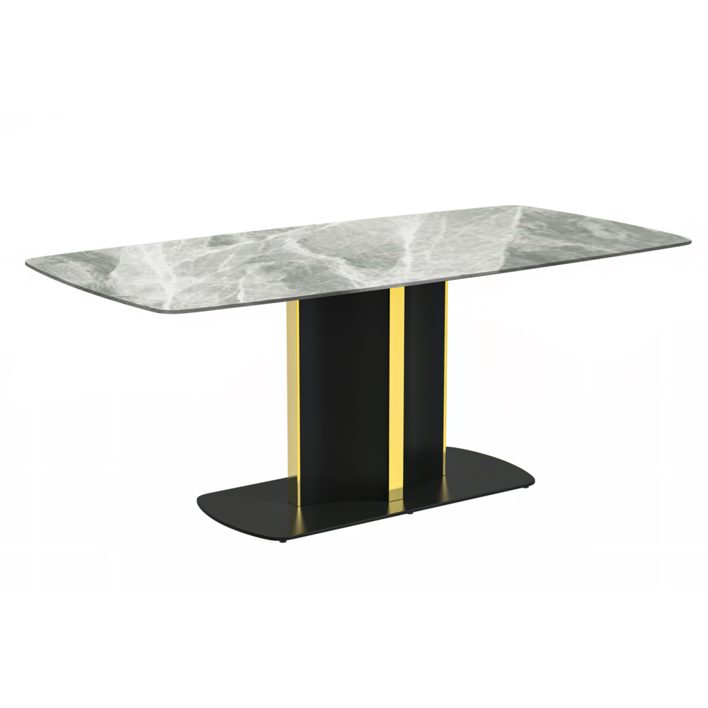 Modern Dining Table Black and Gold Base, With 55 Light Grey Sintered Stone Top. Picture 4