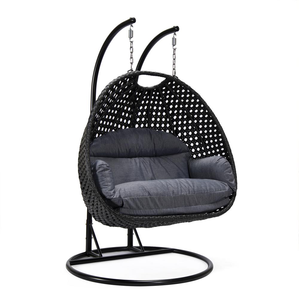 LeisureMod MendozaWicker Hanging 2 person Egg Swing Chair in Charcoal Blue. Picture 1