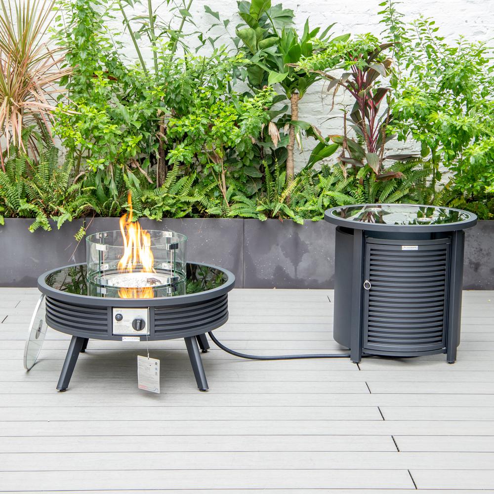 LeisureMod Walbrooke Modern Black Patio Conversation With Round Fire Pit With Slats Design & Tank Holder, Green. Picture 9