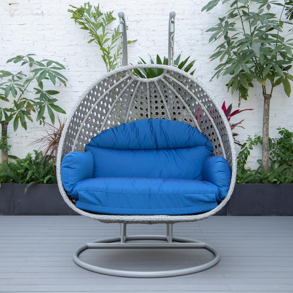 LeisureMod Wicker Hanging 2 person Egg Swing Chair in Blue. Picture 4