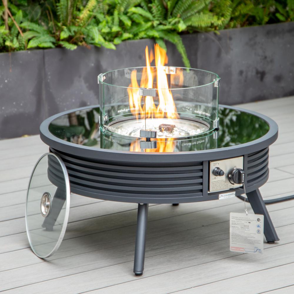 LeisureMod Walbrooke Modern Black Patio Conversation With Round Fire Pit With Slats Design & Tank Holder, Navy Blue. Picture 3