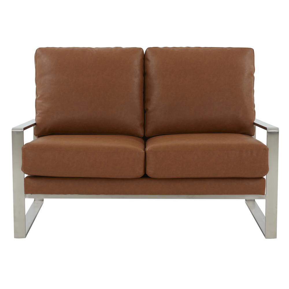 Leisuremod Jefferson Contemporary Modern Faux Leather Loveseat With Silver Frame, Cognac Tan. Picture 4