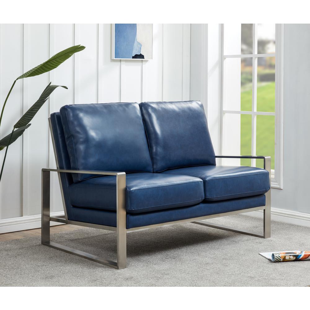 Leisuremod Jefferson Contemporary Modern Faux Leather Loveseat With Silver Frame, Navy Blue. Picture 5