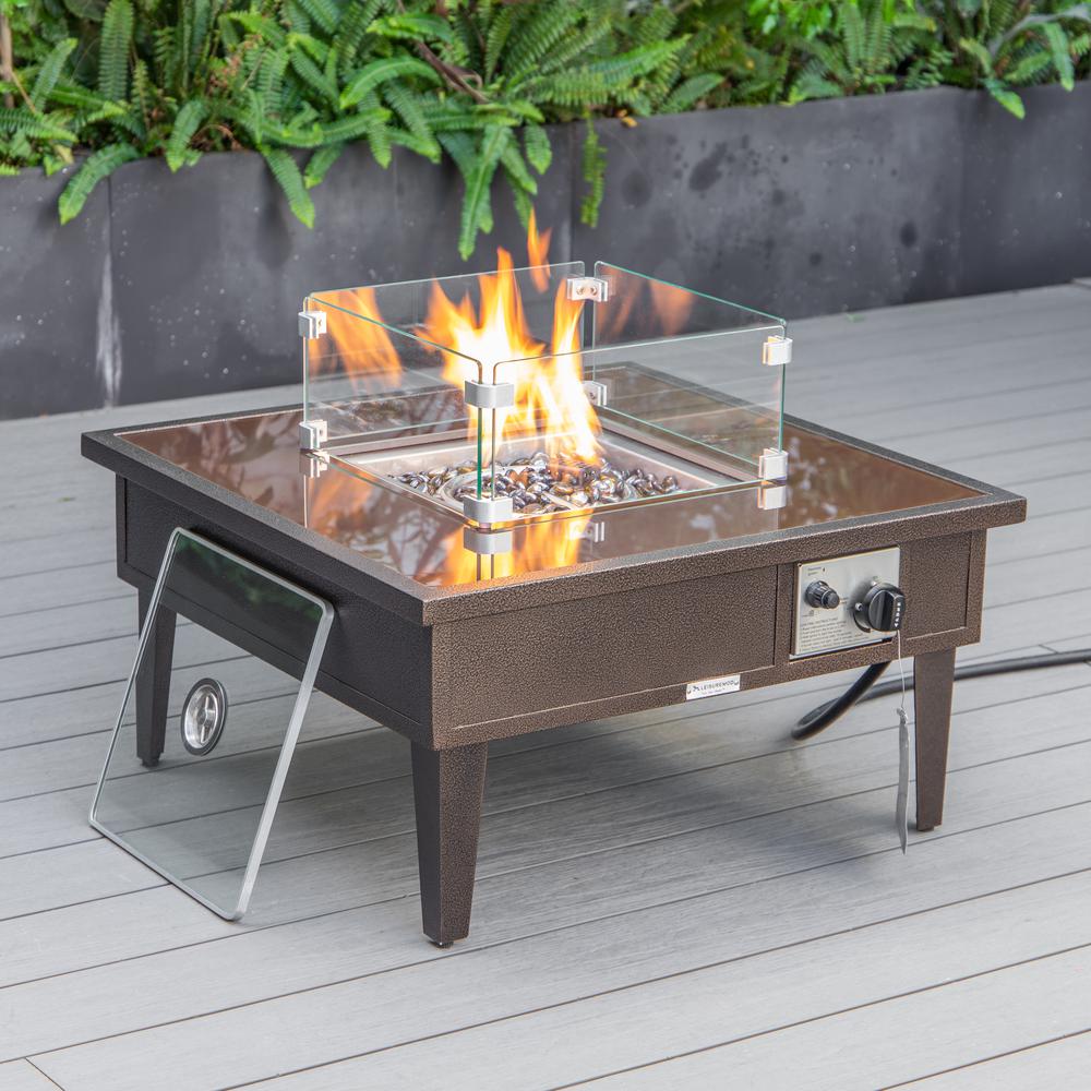 LeisureMod Walbrooke Modern Brown Patio Conversation With Square Fire Pit & Tank Holder, Green. Picture 2