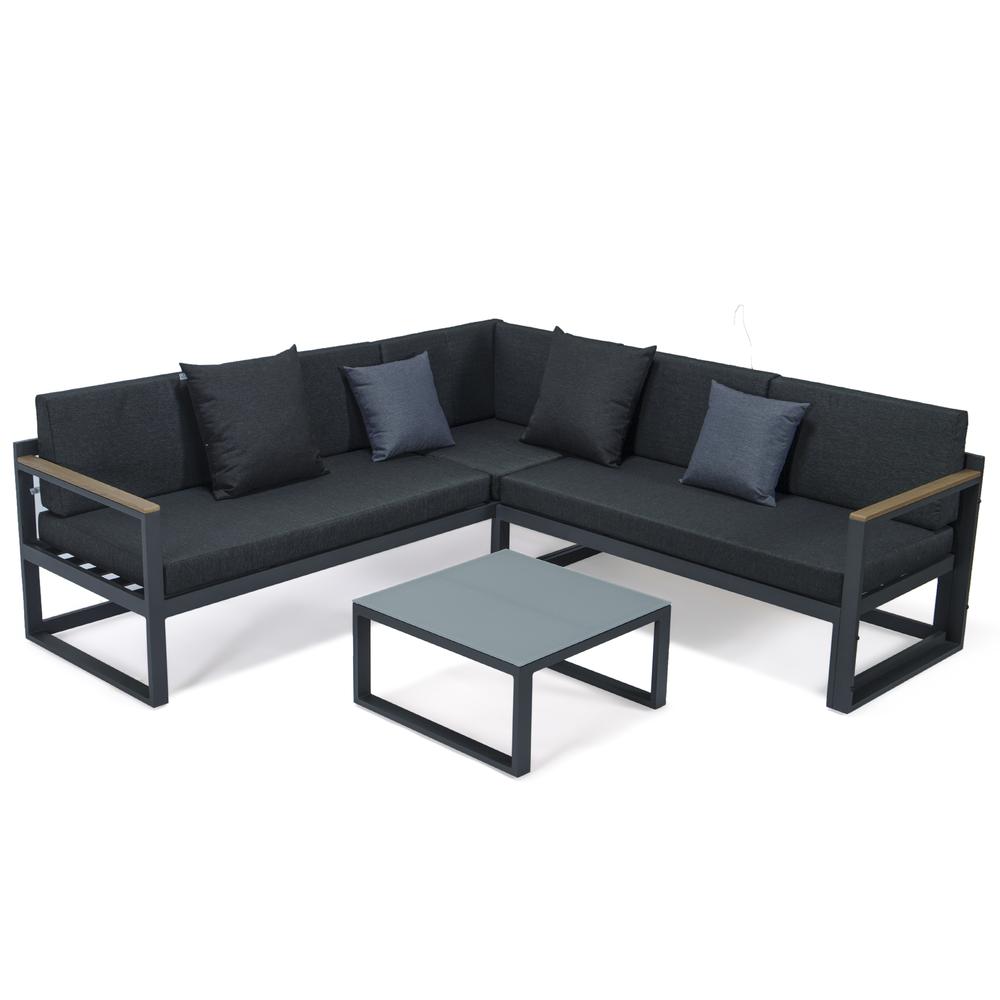 LeisureMod Chelsea Black Sectional With Adjustable Headrest & Coffee Table With Two Tone Cushions CSLBL-80BL-BU. Picture 1