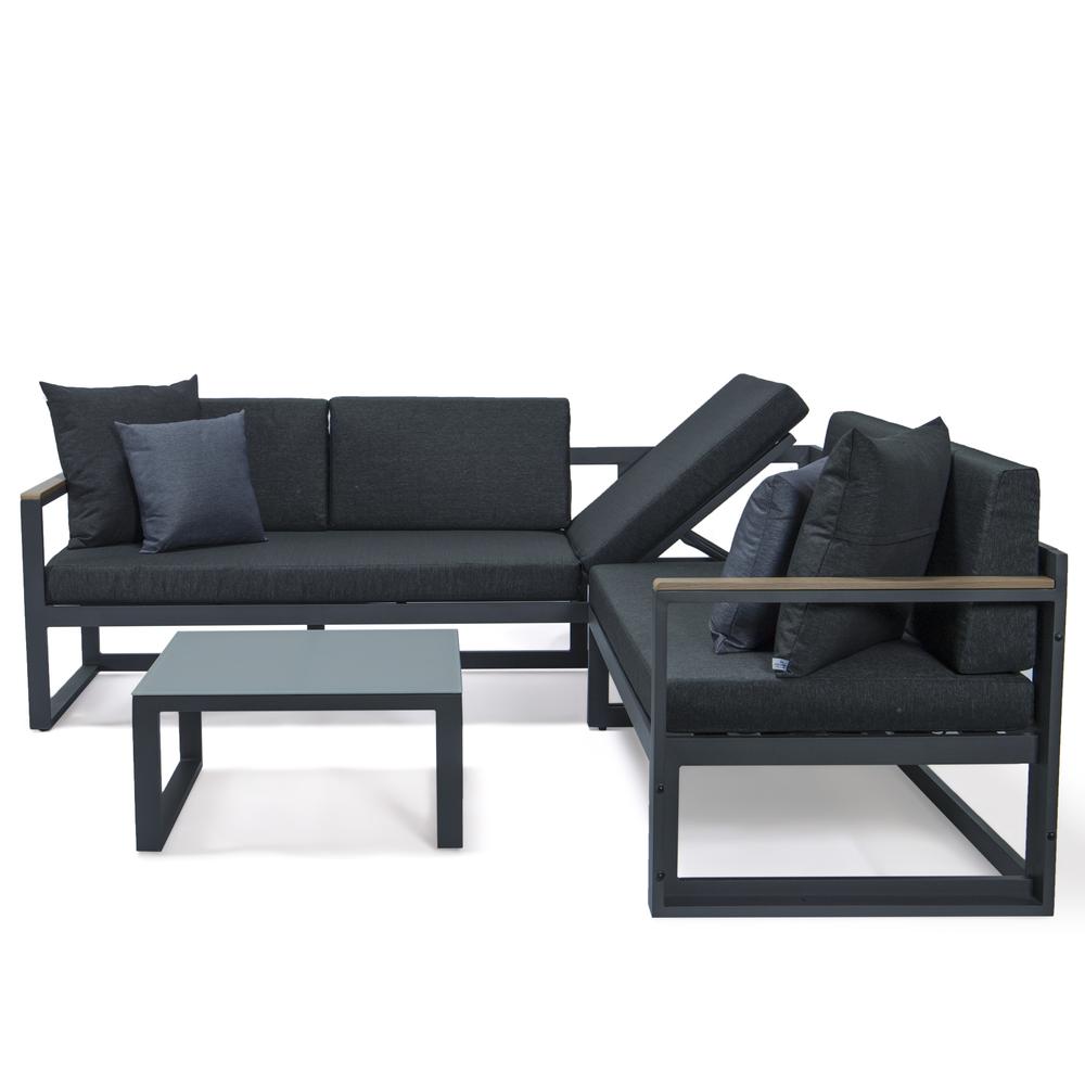 LeisureMod Chelsea Black Sectional With Adjustable Headrest & Coffee Table With Two Tone Cushions CSLBL-80BL-BU. Picture 10