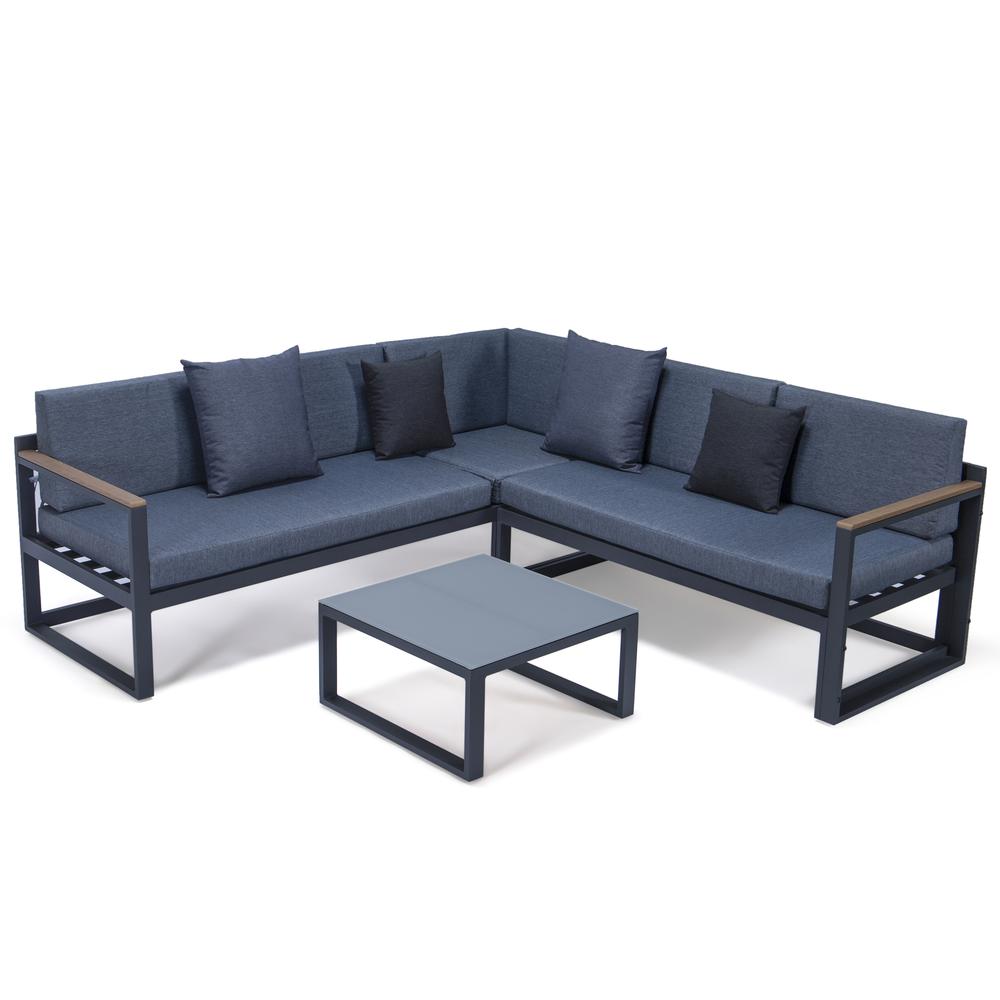 LeisureMod Chelsea Black Sectional With Adjustable Headrest & Coffee Table With Two Tone Cushions CSLBL-80BU-BL. Picture 1