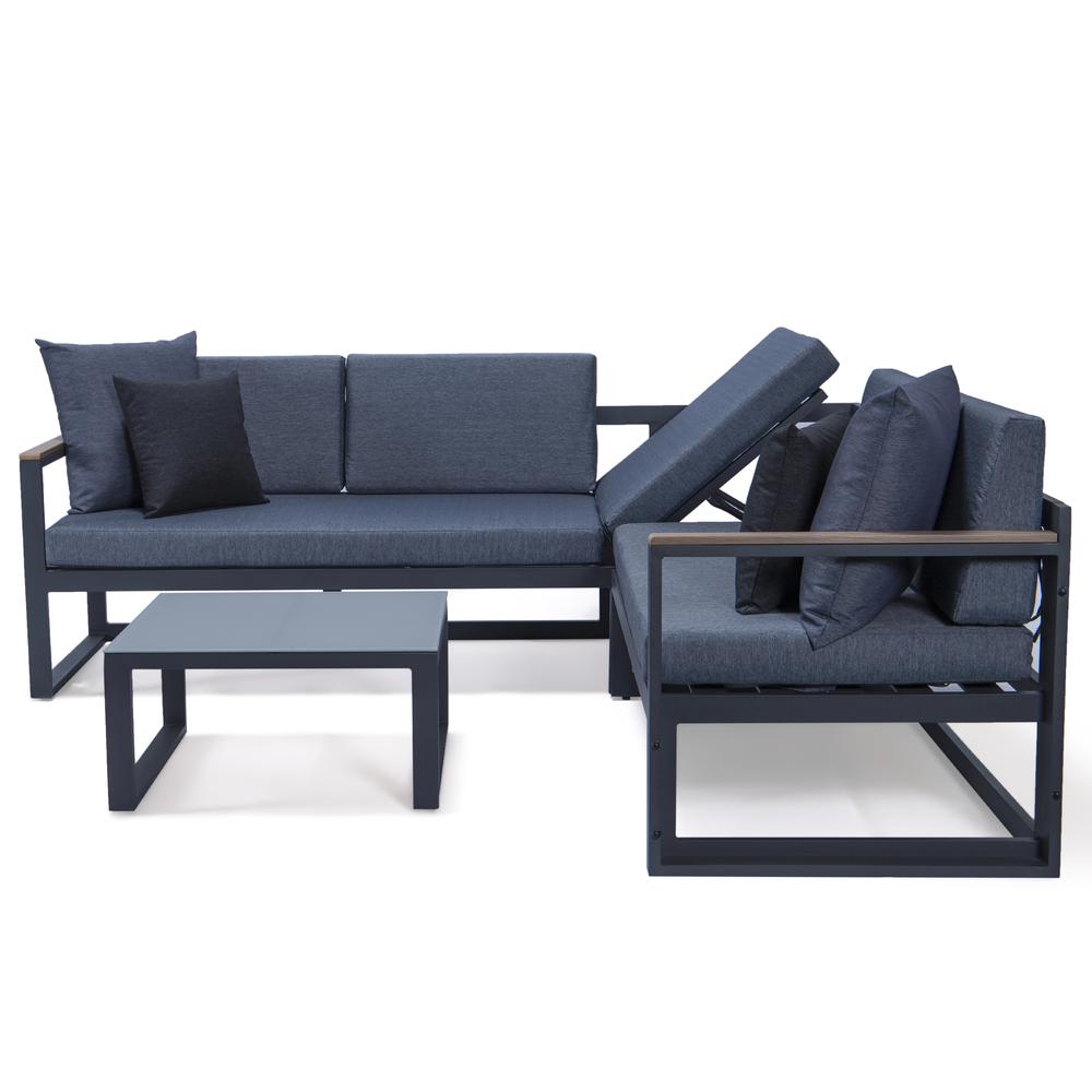LeisureMod Chelsea Black Sectional With Adjustable Headrest & Coffee Table With Two Tone Cushions CSLBL-80BU-BL. Picture 10
