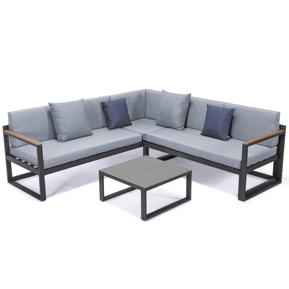 LeisureMod Chelsea Black Sectional With Adjustable Headrest & Coffee Table With Two Tone Cushions CSLBL-80LGR-BU. Picture 1