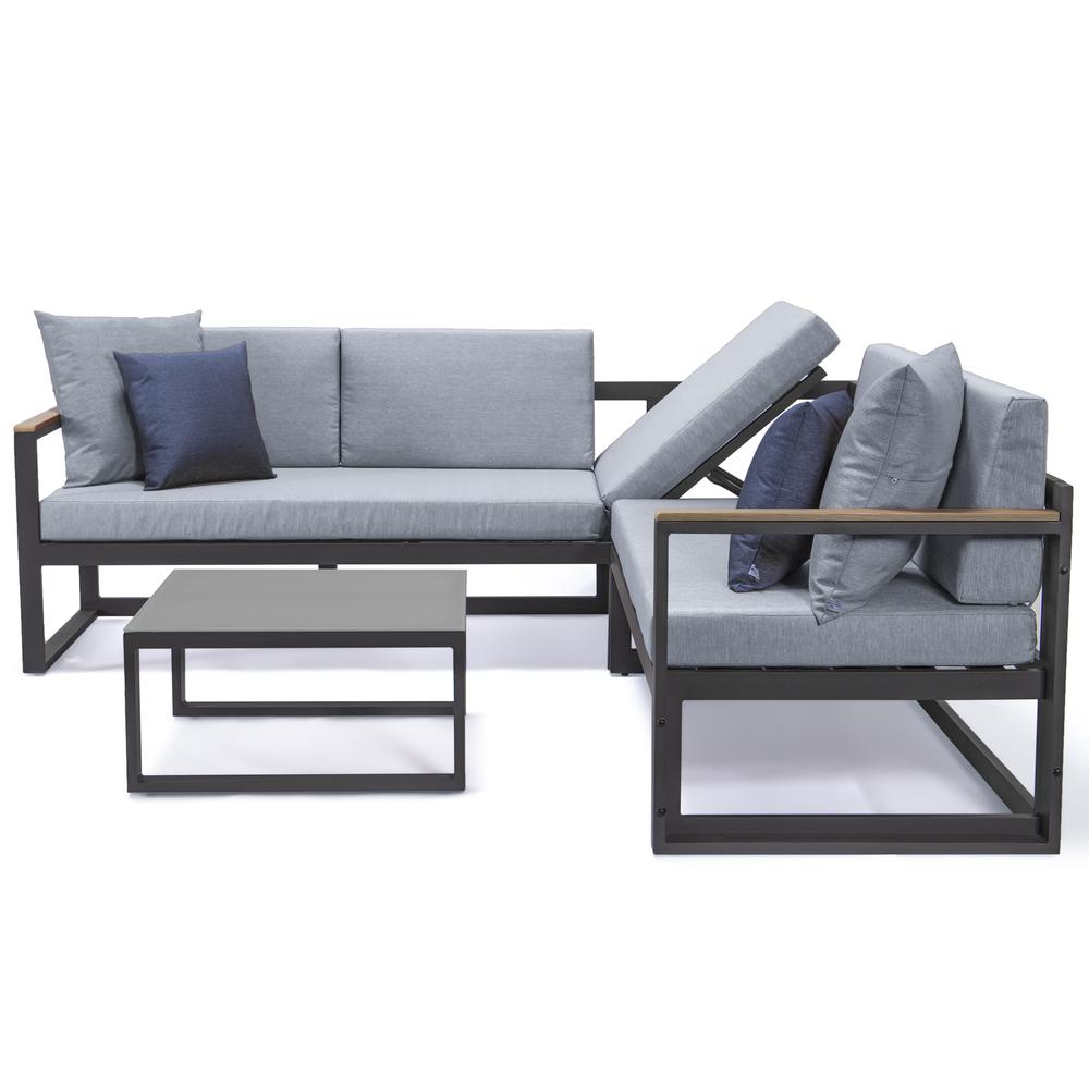 LeisureMod Chelsea Black Sectional With Adjustable Headrest & Coffee Table With Two Tone Cushions CSLBL-80LGR-BU. Picture 10