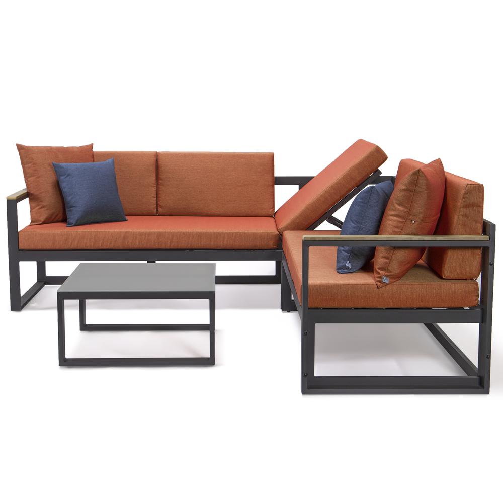 LeisureMod Chelsea Black Sectional With Adjustable Headrest & Coffee Table With Two Tone Cushions CSLBL-80OR-BU. Picture 10
