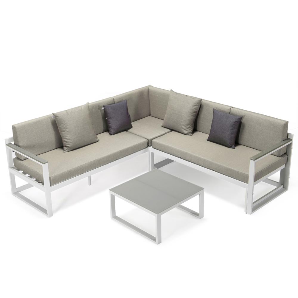 LeisureMod Chelsea White Sectional With Adjustable Headrest & Coffee Table With Two Tone Cushions CSLW-80BG-BU. Picture 1
