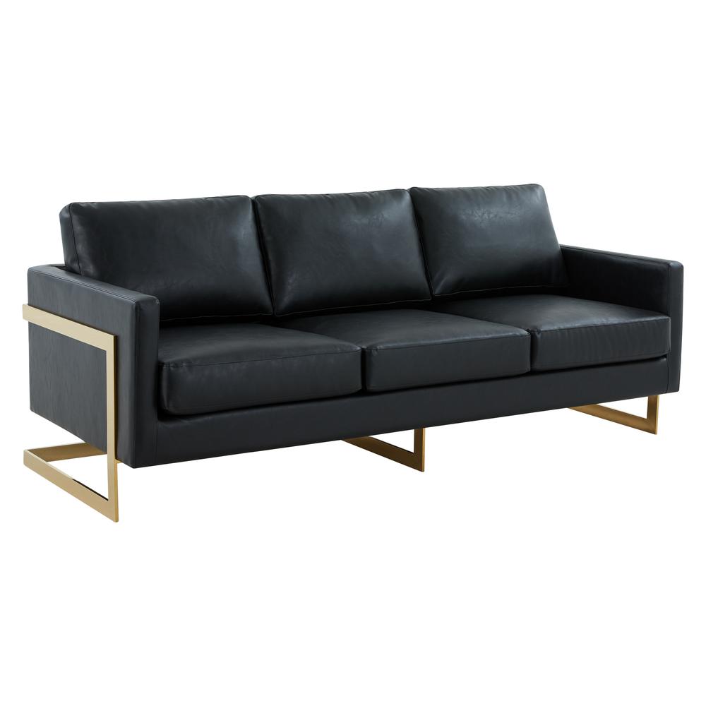 LeisureMod Lincoln Modern Mid-Century Upholstered Leather Sofa with Gold Frame - Black. Picture 1