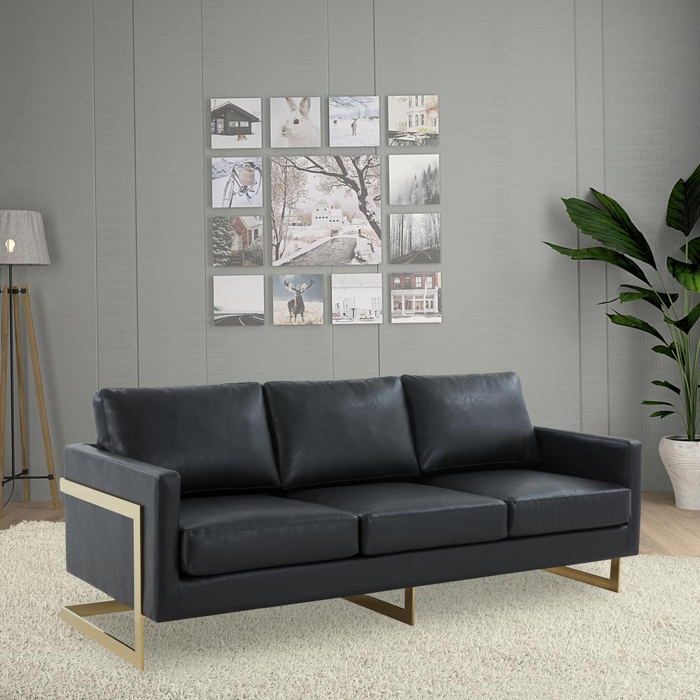 LeisureMod Lincoln Modern Mid-Century Upholstered Leather Sofa with Gold Frame - Black. Picture 6