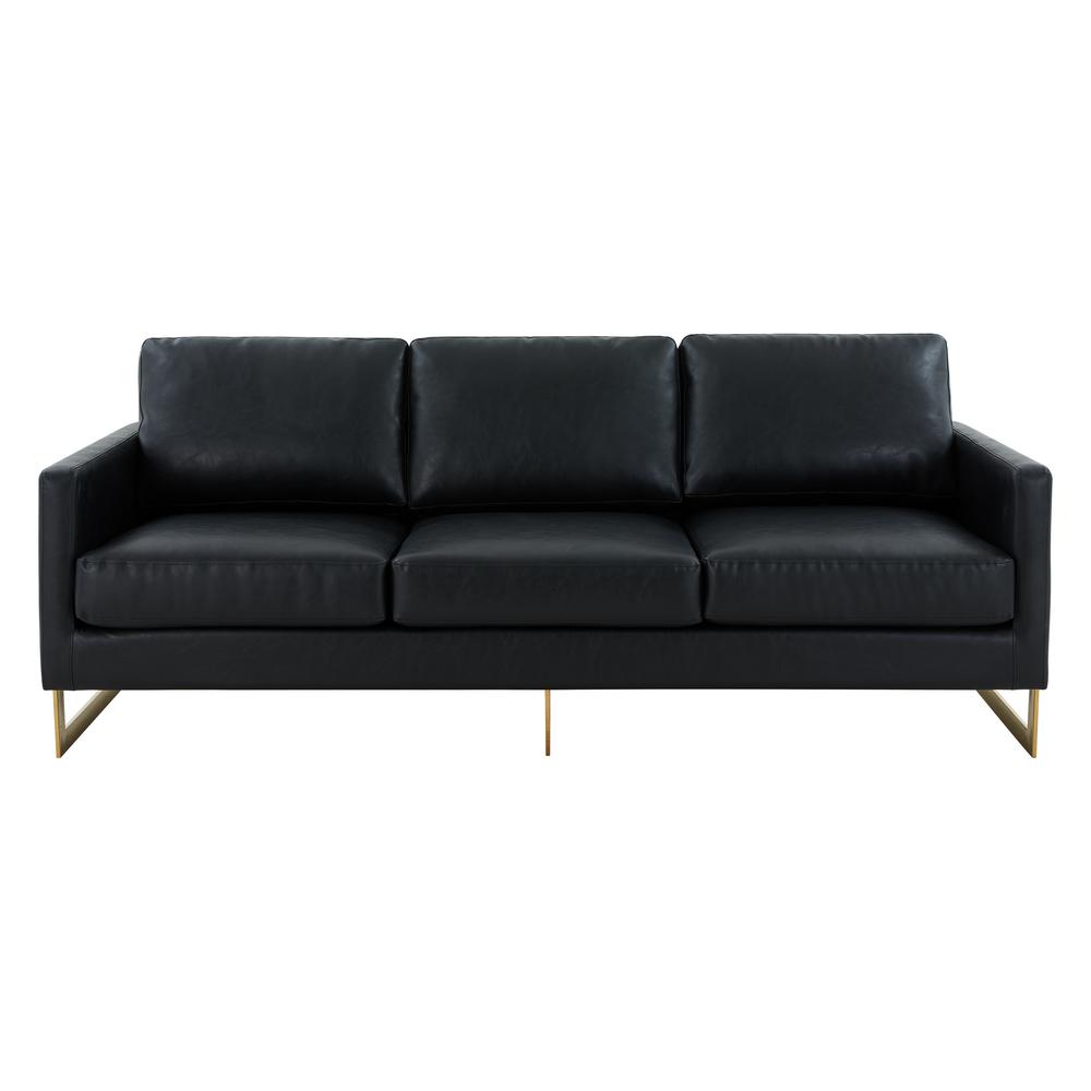 LeisureMod Lincoln Modern Mid-Century Upholstered Leather Sofa with Gold Frame - Black. Picture 2