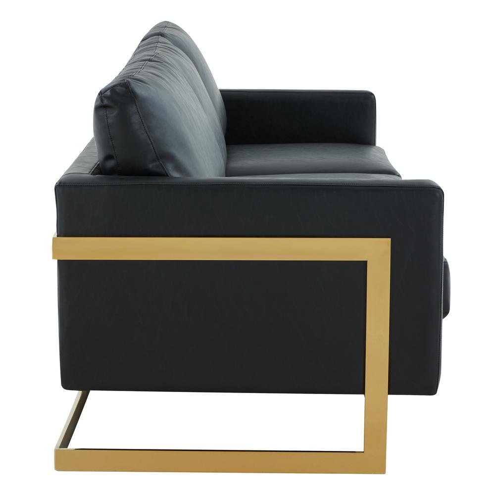 LeisureMod Lincoln Modern Mid-Century Upholstered Leather Sofa with Gold Frame - Black. Picture 3