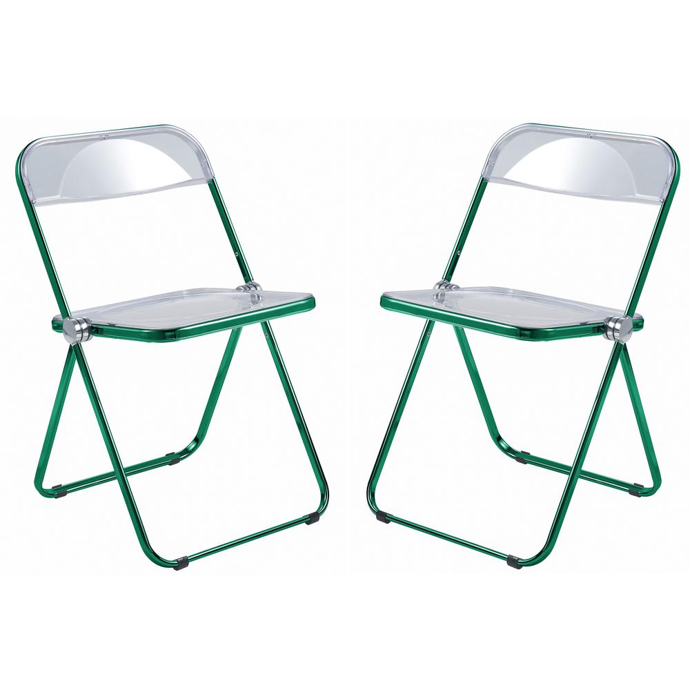 Lawrence Acrylic Folding Chair With Green Metal Frame, Set of 2. Picture 1