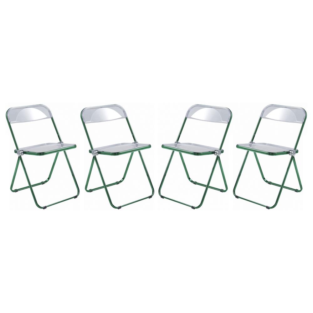 LeisureMod Lawrence Acrylic Folding Chair With Green Metal Frame, Set of 4 LFCL19G4. Picture 1