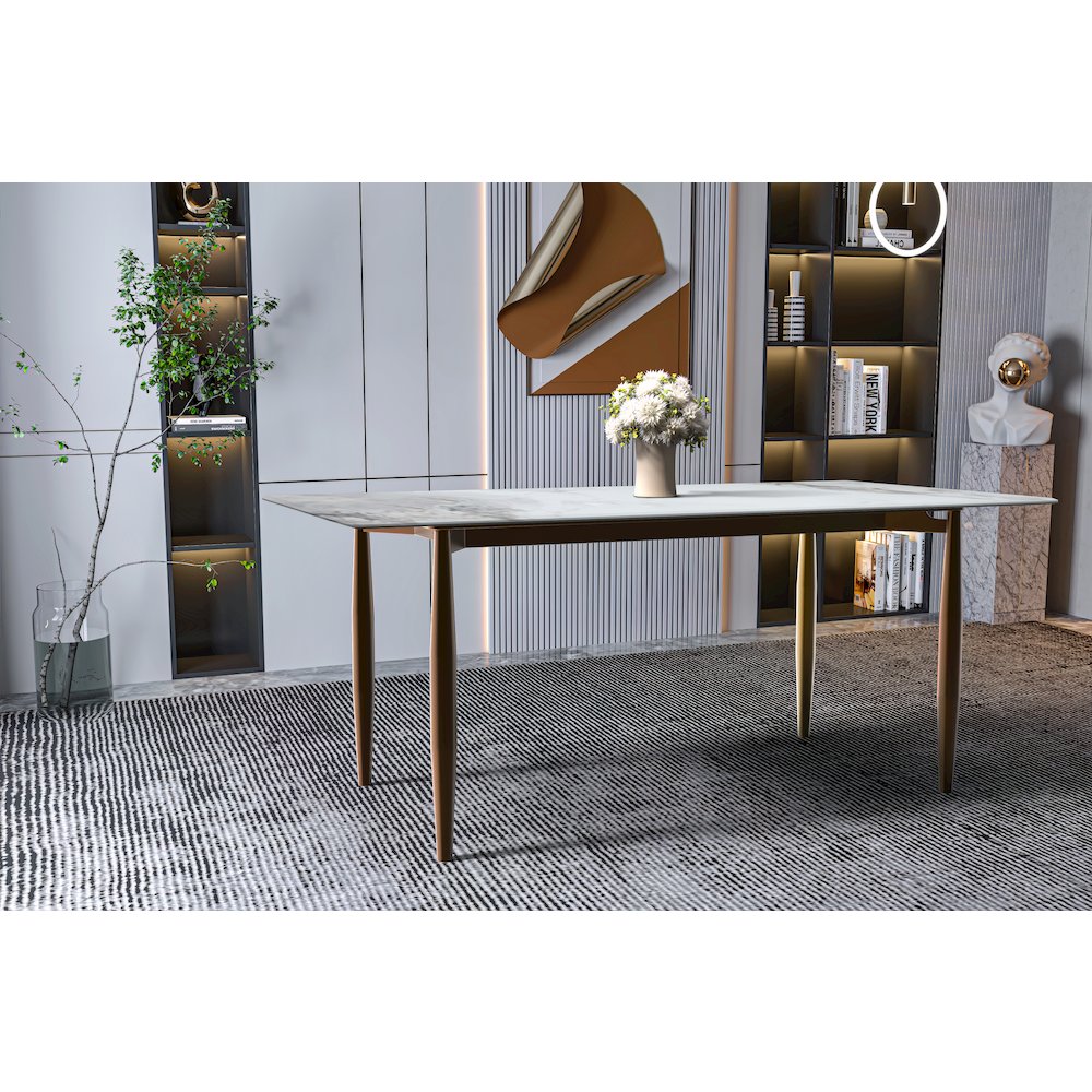 Modern Dining Table Bronze Base, With 62" Medium Grey Sintered Stone Top. Picture 6