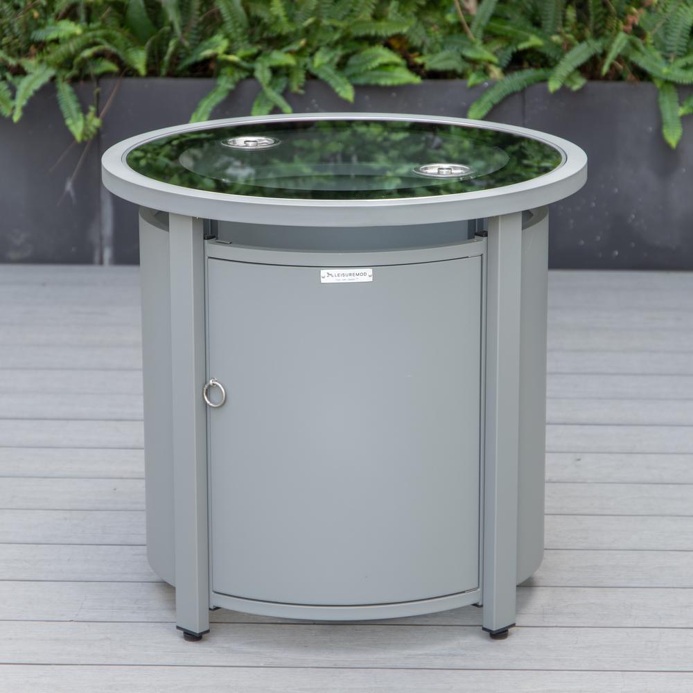 LeisureMod Walbrooke Modern Grey Patio Conversation With Round Fire Pit & Tank Holder, Grey. Picture 2
