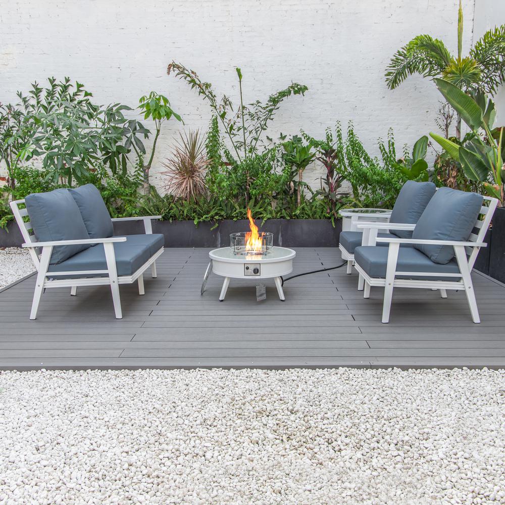 LeisureMod Walbrooke Modern White Patio Conversation With Round Fire Pit & Tank Holder, Navy Blue. Picture 8