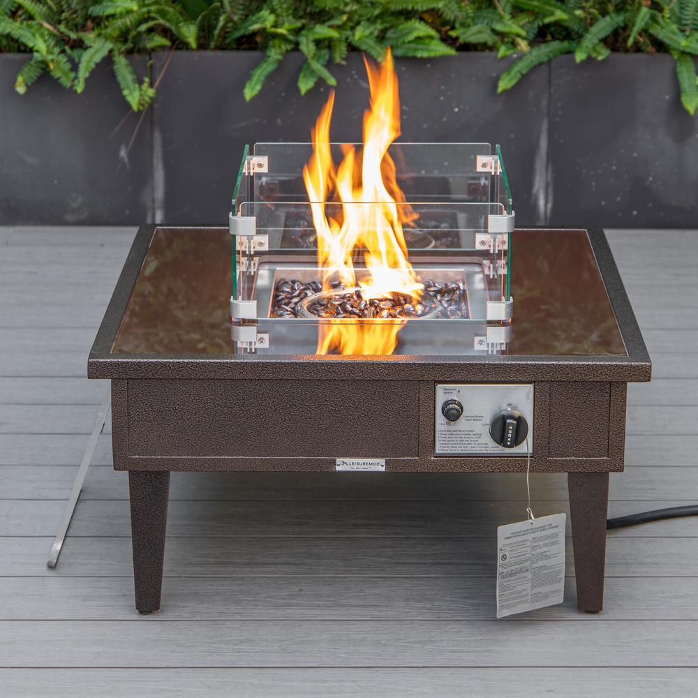 LeisureMod Walbrooke Modern Brown Patio Conversation With Square Fire Pit & Tank Holder, Light Grey. Picture 4