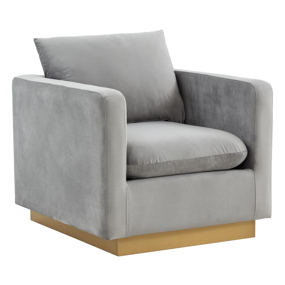 LeisureMod Nervo Velvet Accent Armchair With Gold Frame, Light Grey. Picture 1