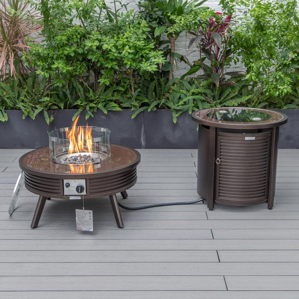 LeisureMod Walbrooke Modern Brown Patio Conversation With Round Fire Pit With Slats Design & Tank Holder, Grey. Picture 5