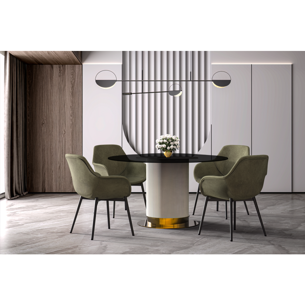 Jexis Series Round Dining Table White\Gold Base with 60 Round BLack Glass Top. Picture 4