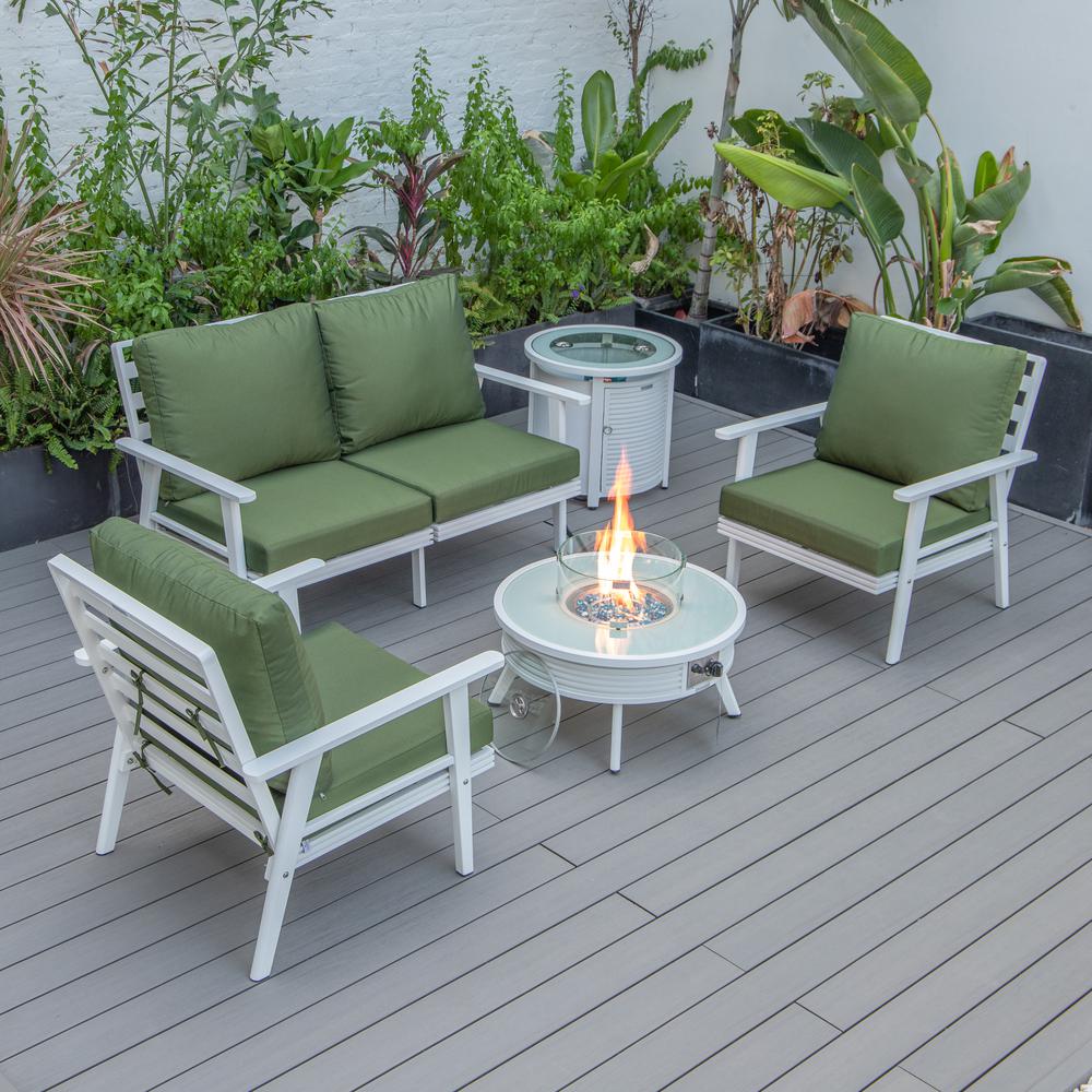 LeisureMod Walbrooke Modern White Patio Conversation With Round Fire Pit With Slats Design & Tank Holder, Green. Picture 1