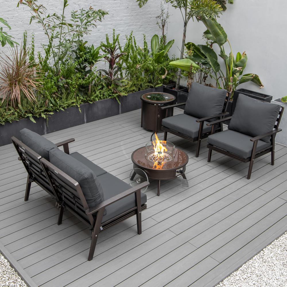 LeisureMod Walbrooke Modern Brown Patio Conversation With Round Fire Pit & Tank Holder, Charcoal. Picture 6
